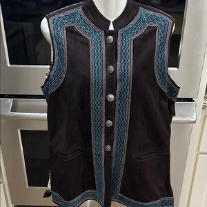 Vintage Embroidered Brown and Aqua Blue Leather Women's Vest